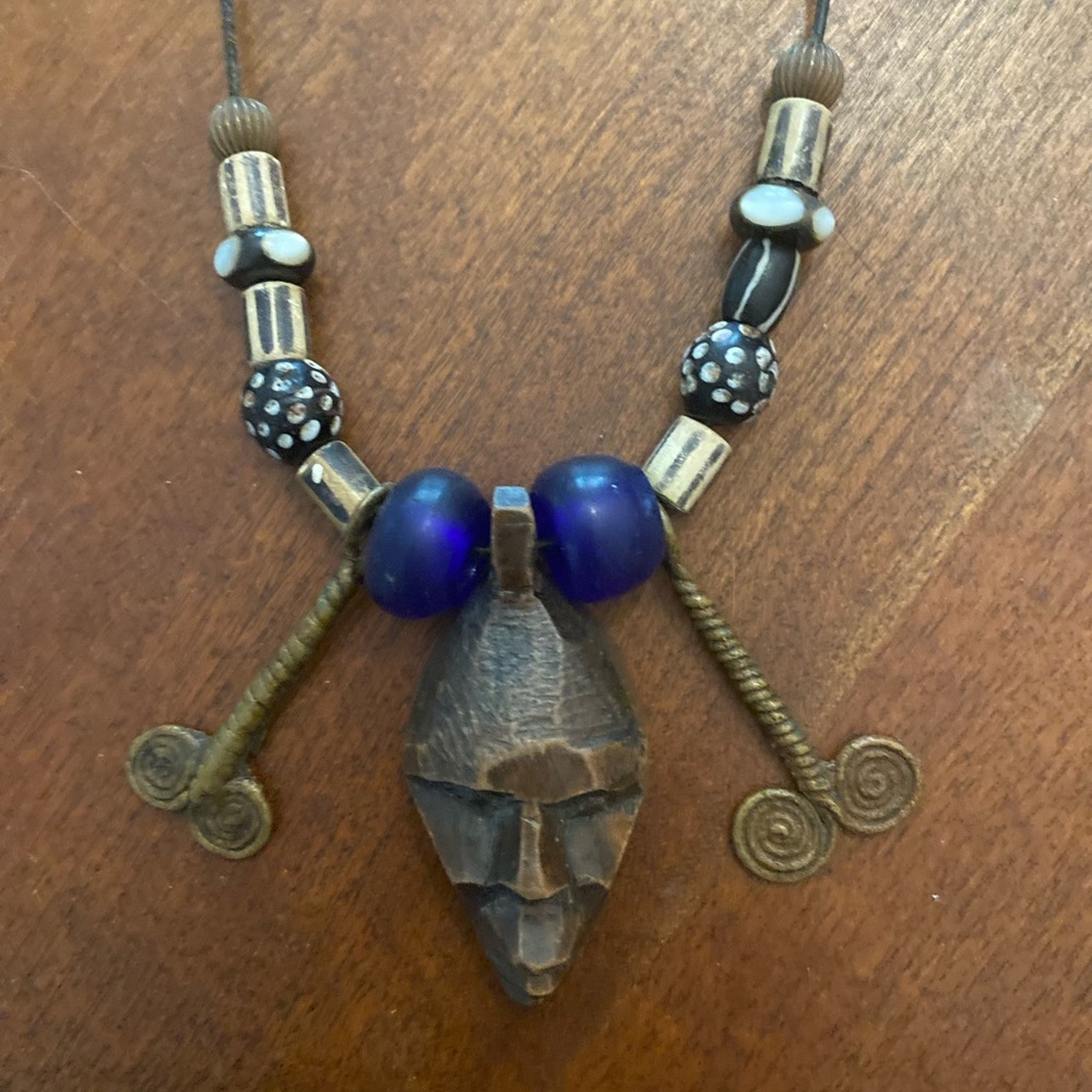 Africana Necklace with Carved Wood Mask and Colorful‎ Beads